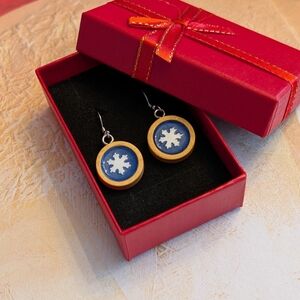 Handmade Snowflake Earrings - Blue - Wooden Hand Painted - Read Description